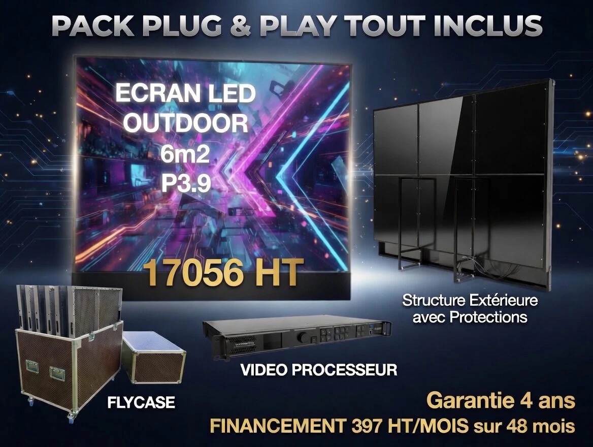 Pack écran LED tout inclus – structure autoportante, protection artistes, assemblage Narbonne